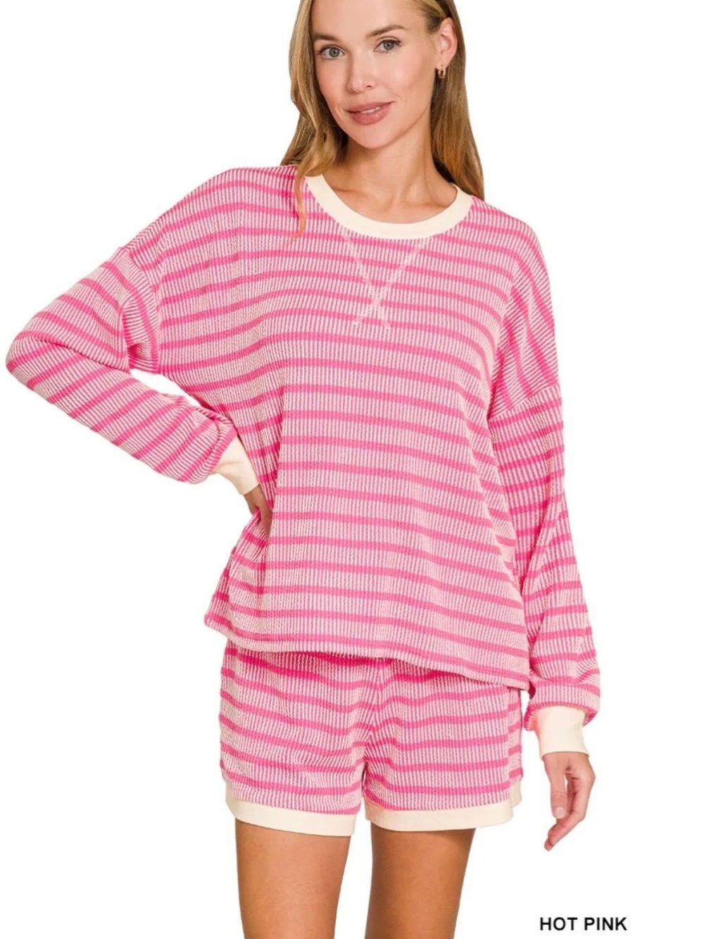 NEW Zenana Hot Pink Raised Rib Striped Pullover Shorts Set – Large